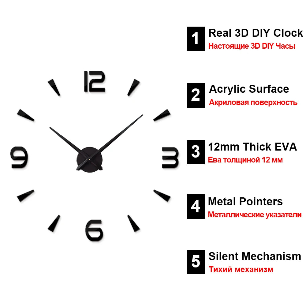 Large Wall Clock Quartz 3D DIY Big Watch Decorative