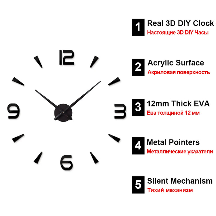 Large Wall Clock Quartz 3D DIY Big Watch Decorative