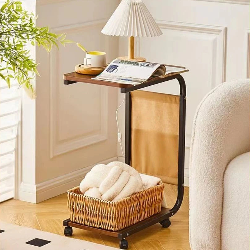 Coffee Table With 360° Wheels C-Shape End Table Sofa Side