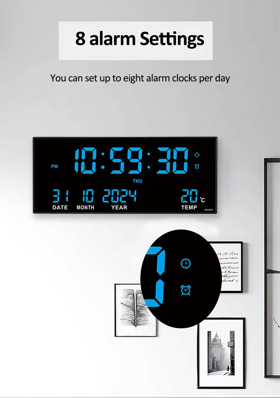 Digital Large Wall Clock Alarm Temperature Date Calendar Display