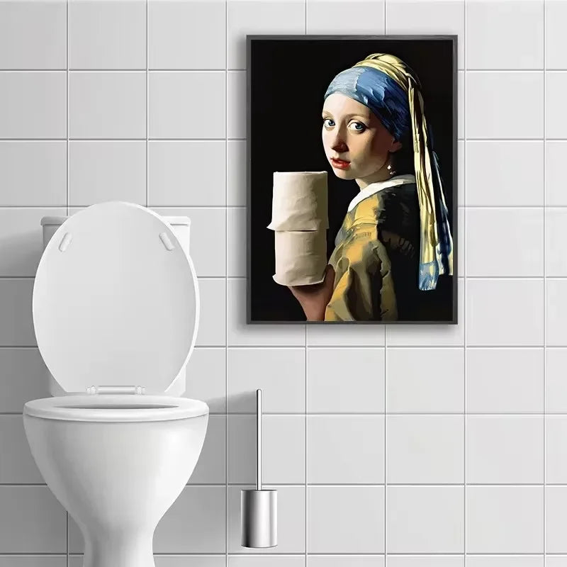 Funny Mona Lisa Wearing Pearls Girl Bathroom Toilet Decoration Painting