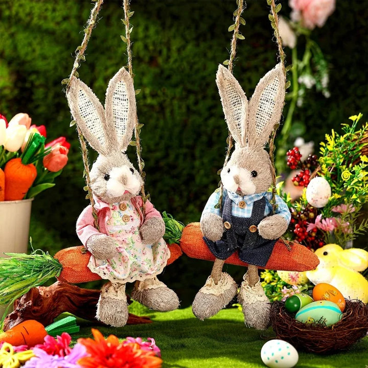 Easter Bunny on Swing Handmade Woven Grass Rabbit Creative Figurine Home Decor
