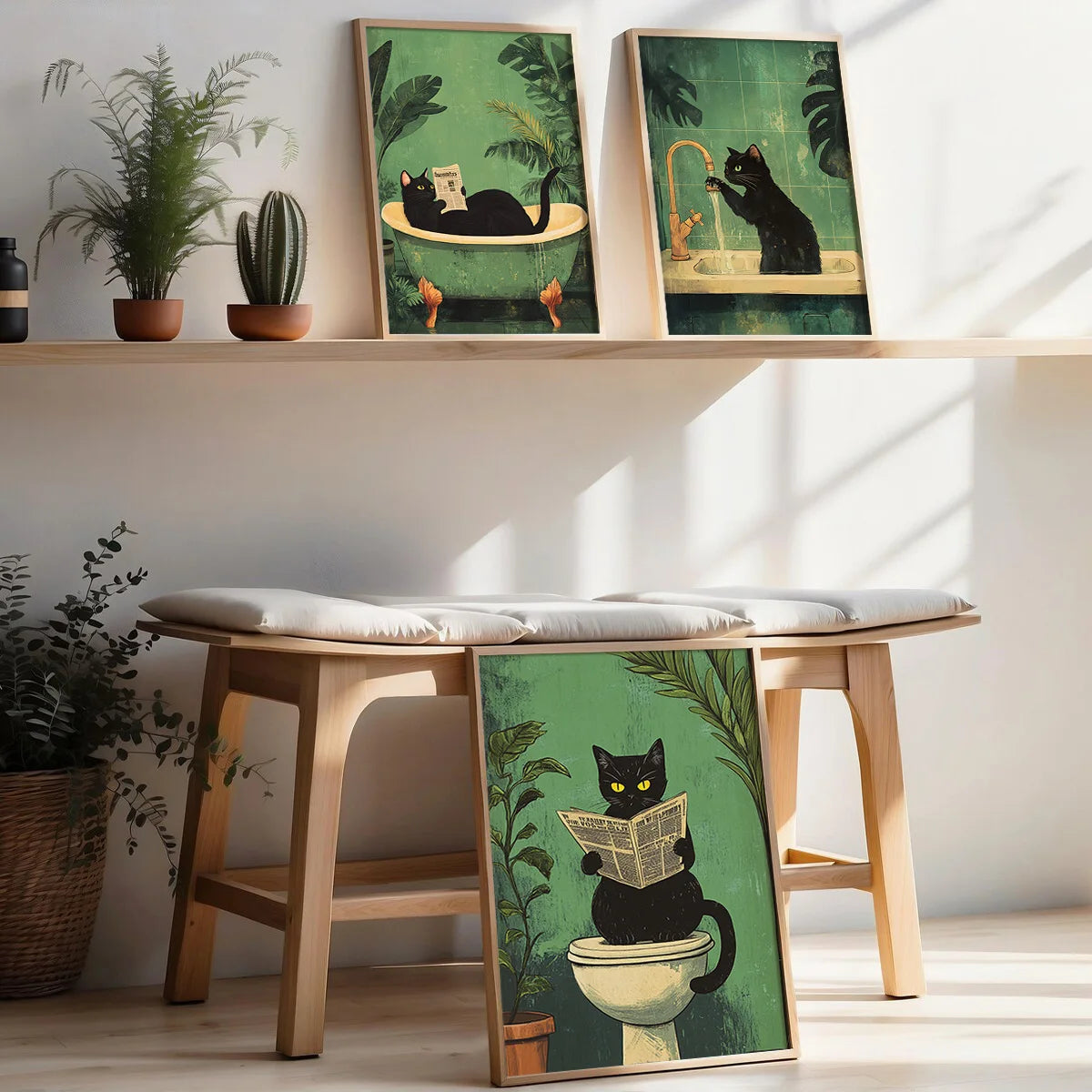 Set of 3 Funny Bathroom Black Cat Wall Art Canvas Print
