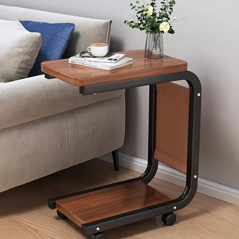 Coffee Table With 360° Wheels C-Shape End Table Sofa Side