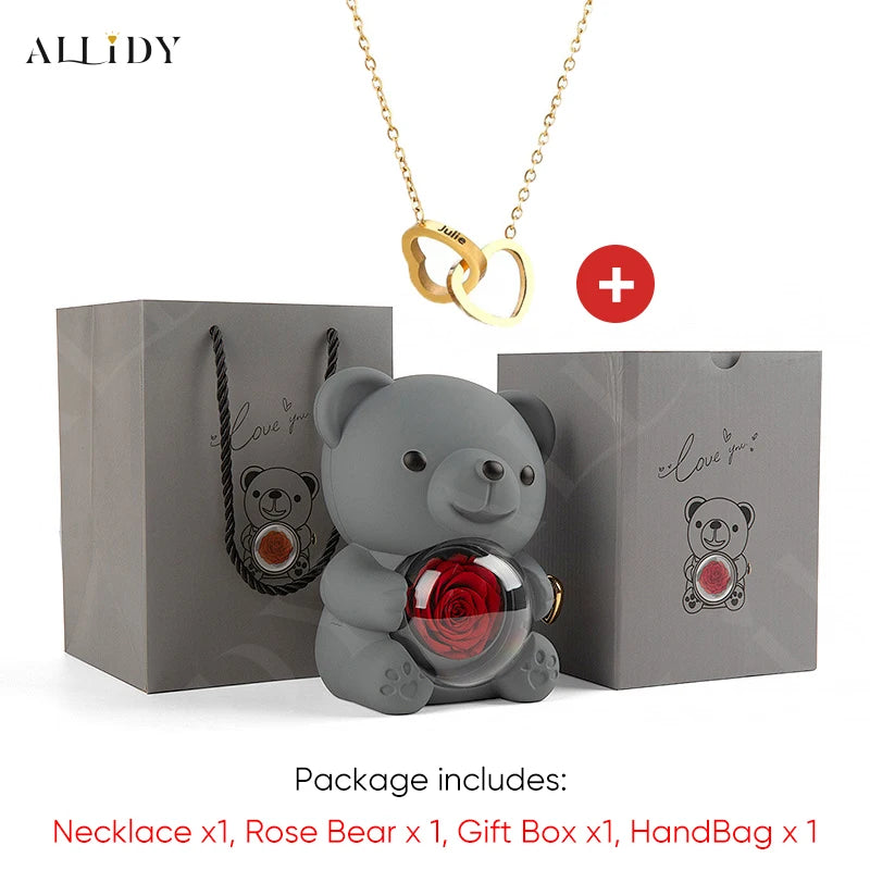 2025 Hot Eternal Rose Teddy Bear Gift Box with Custom Necklace Jewelry Set