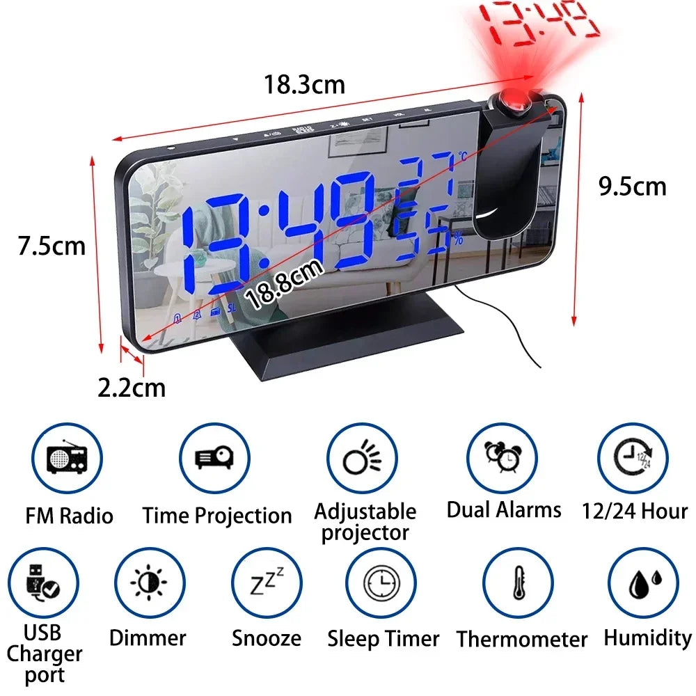 LED Digital Projection Alarm Clock Mirrow Radio USB Temperature