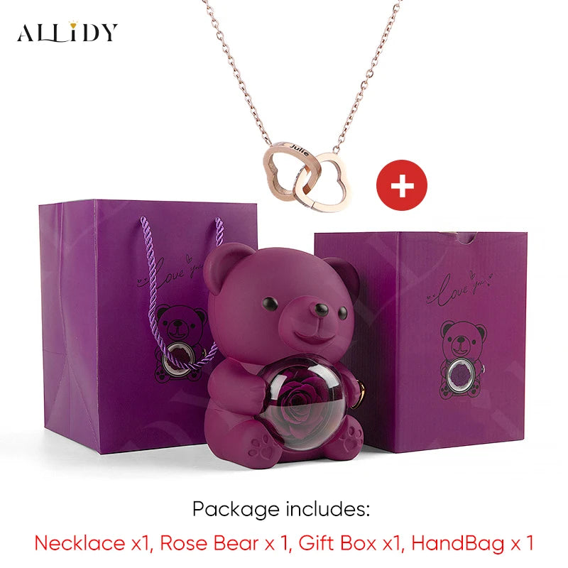 2025 Hot Eternal Rose Teddy Bear Gift Box with Custom Necklace Jewelry Set
