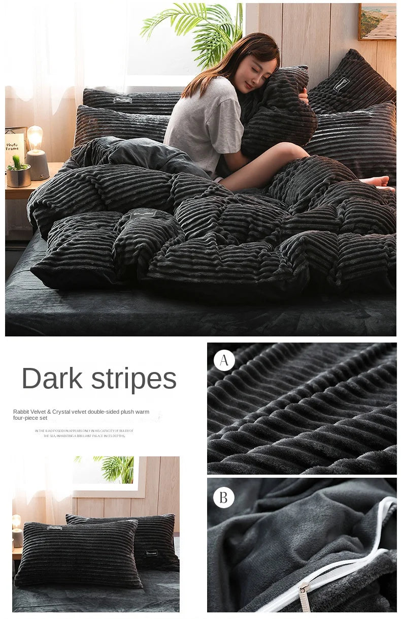 Winter Thick Solid Color Velvet Duvet Cover Warmth Bedding Set