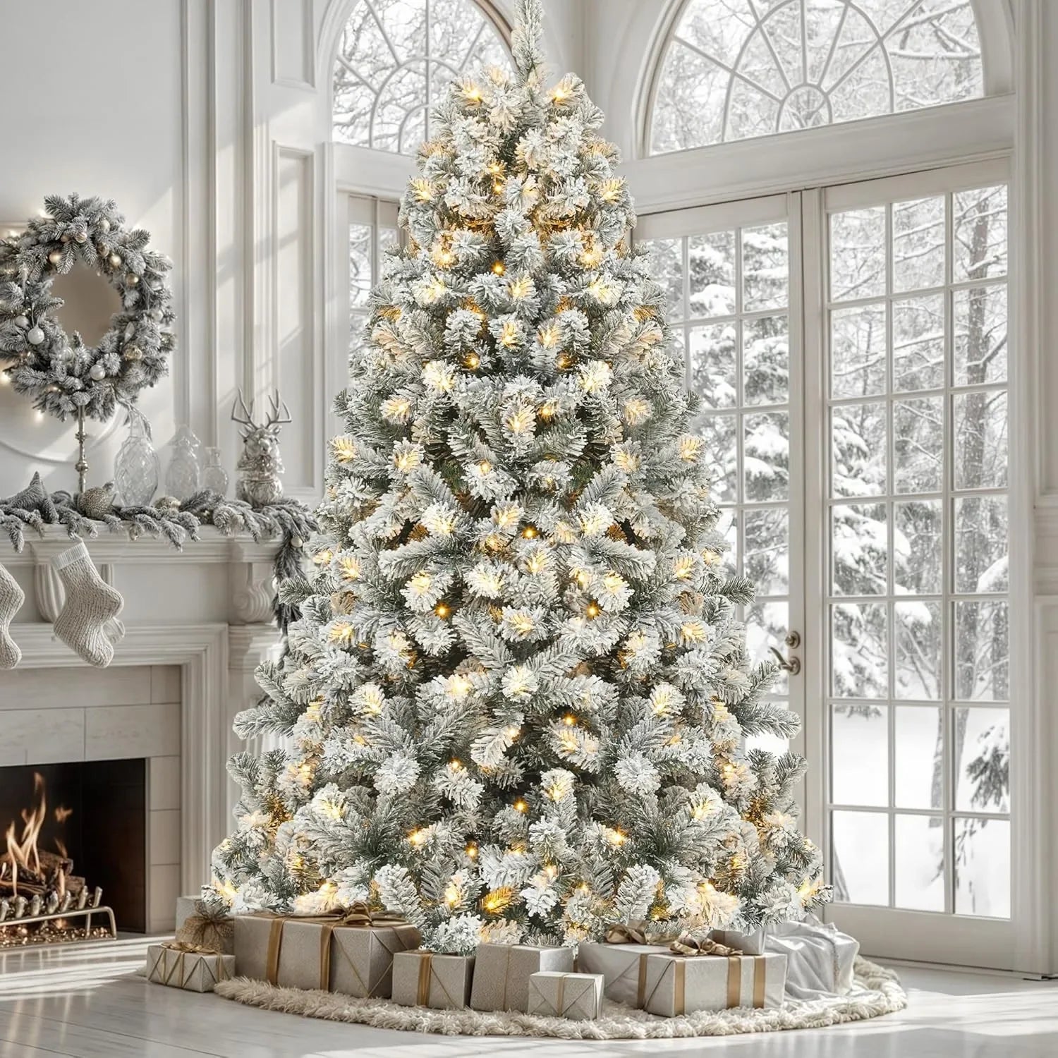 9-Foot Snow Flocked Prelit Christmas Tree