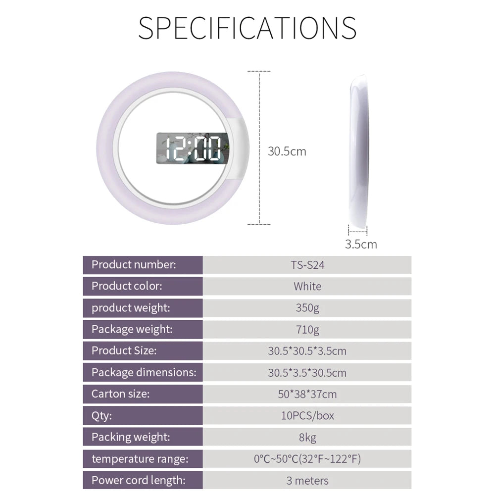 LED Mirror Hollow Wall Clock with Remote Control Round Digital Alarm Clock