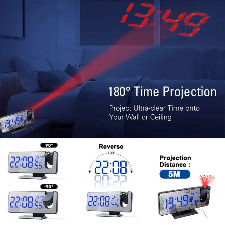 LED Digital Projection Alarm Clock Mirrow Radio USB Temperature