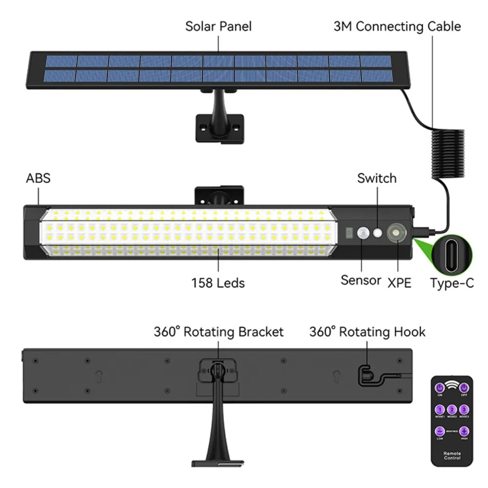 316/158 LED Solar Lamp Motion Sensor Outdoor Camping Wall Light