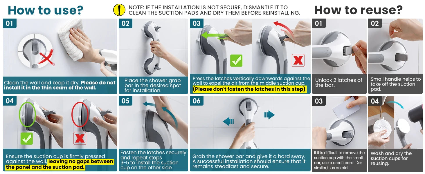 TAILI 1/2pcs Shower Grab Bars for Seniors Suction Cup 12 inch Grab Bars