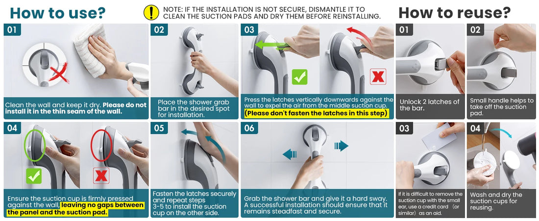TAILI 1/2pcs Shower Grab Bars for Seniors Suction Cup 12 inch Grab Bars