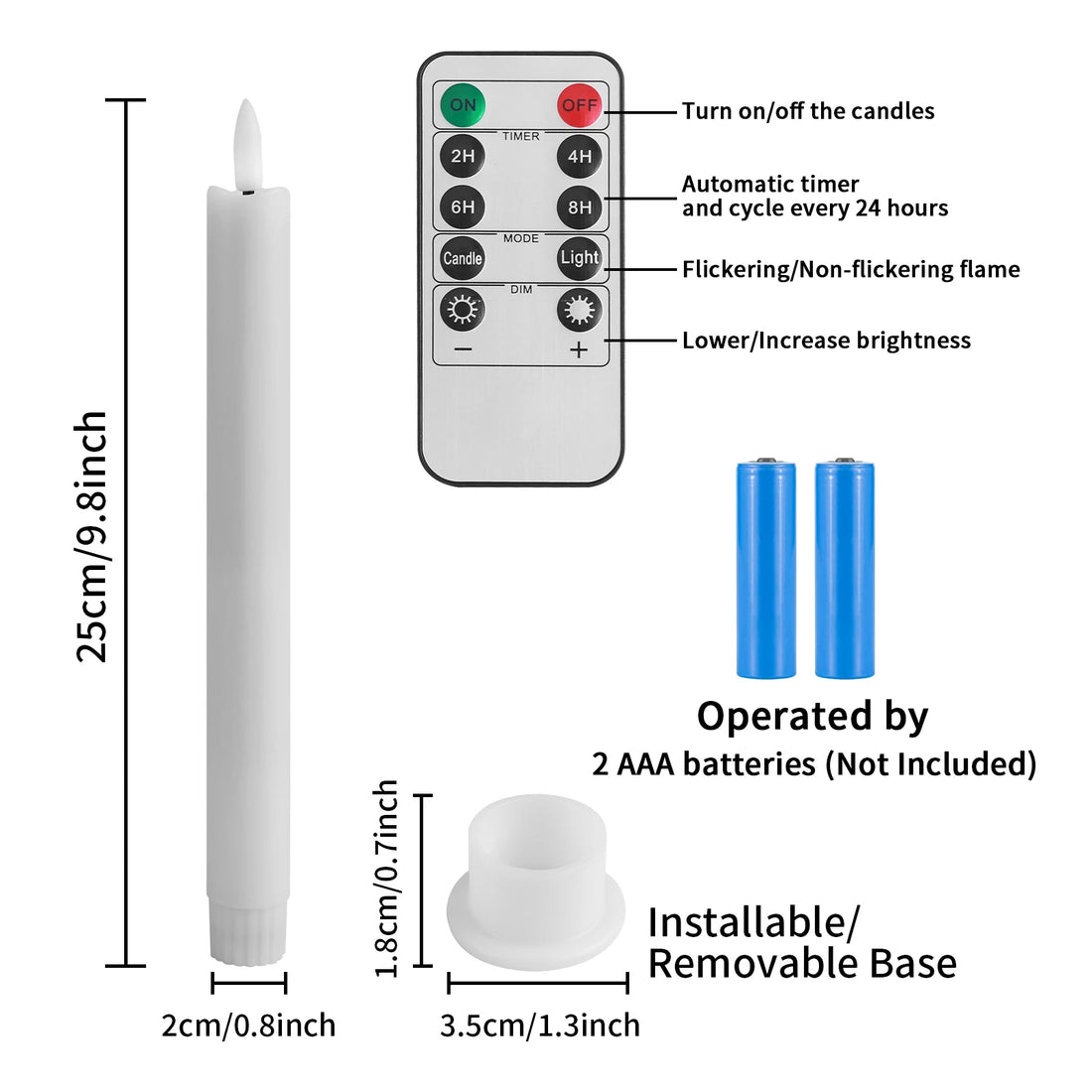 LED Flameless Taper Candles Flickering with 10-Key Remote