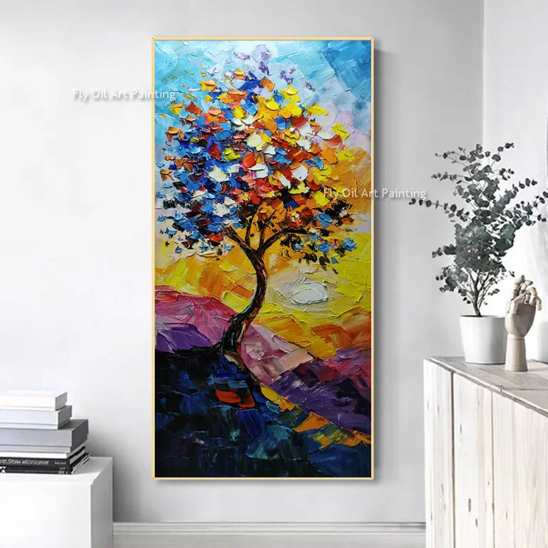 Hand Drawn Colorful Knife Thick Flowers Canvas Oil Painting