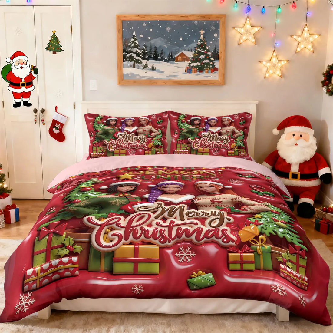 3pcs Christmas imitation relief K-Pop Demon Hunters printed coreless down comforter set