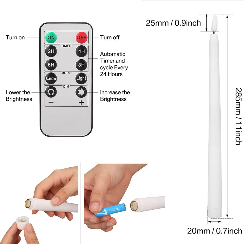 LED Flameless Taper Candles Flickering with 10-Key Remote