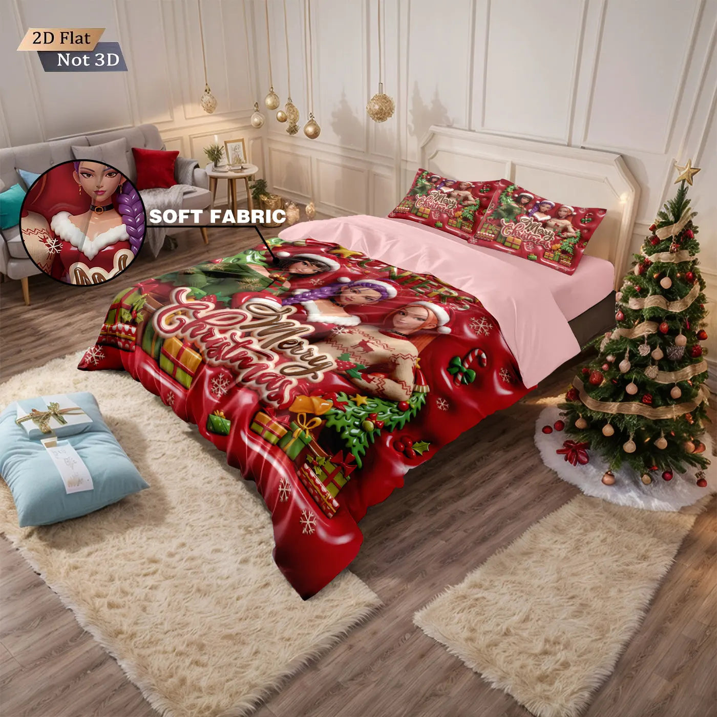 3pcs Christmas imitation relief K-Pop Demon Hunters printed coreless down comforter set
