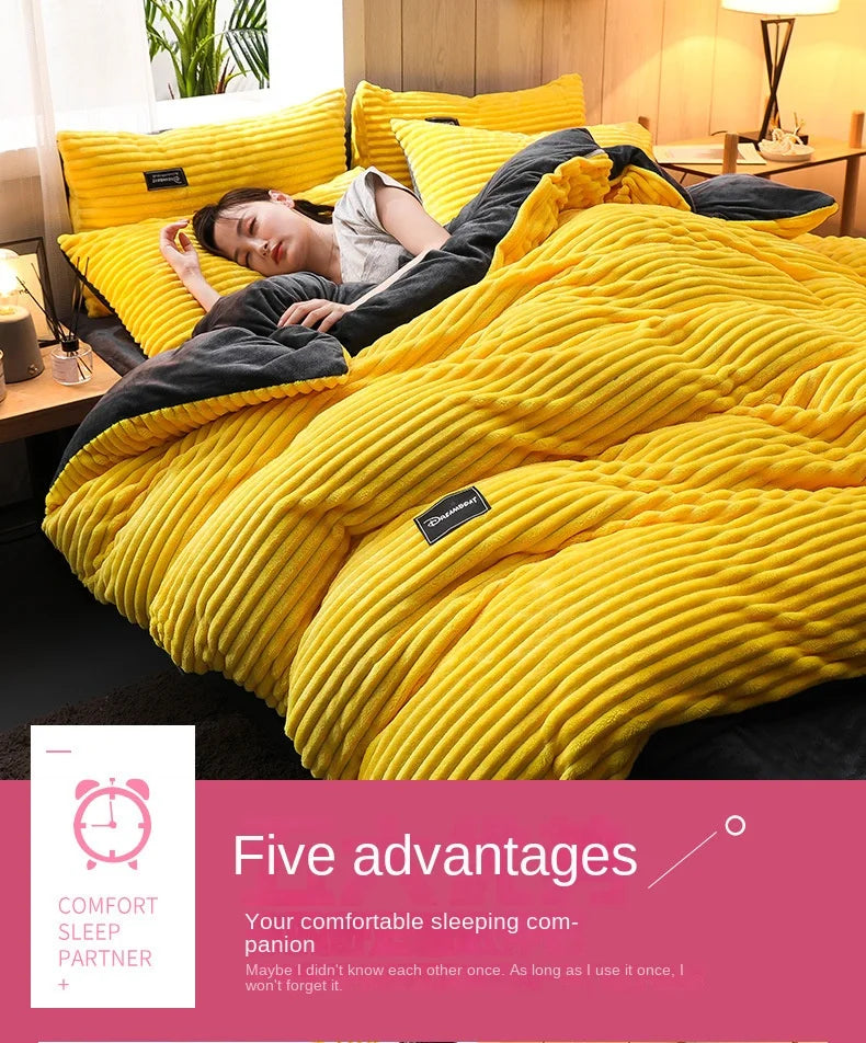 Winter Thick Solid Color Velvet Duvet Cover Warmth Bedding Set