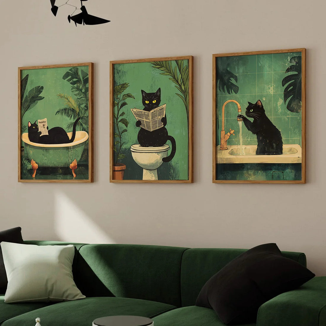 Set of 3 Funny Bathroom Black Cat Wall Art Canvas Print