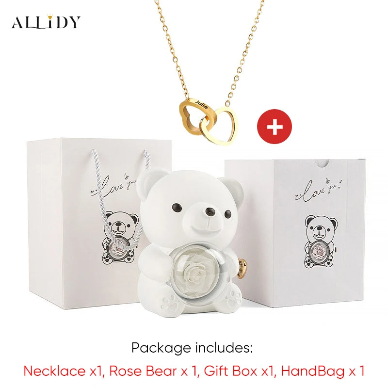 2025 Hot Eternal Rose Teddy Bear Gift Box with Custom Necklace Jewelry Set