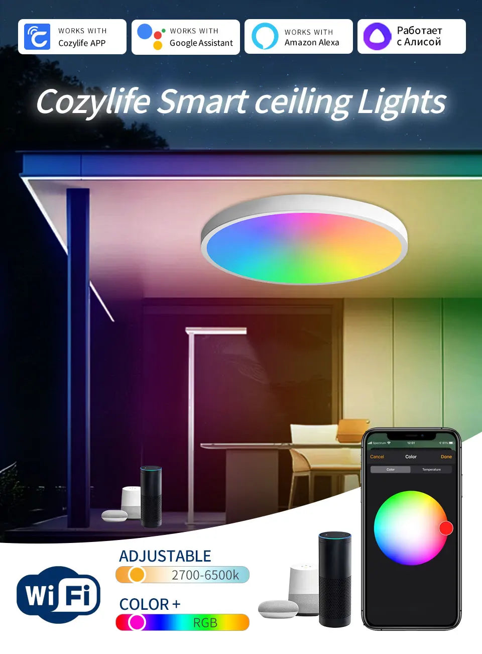 Smart WiFi LED Ceiling Light 24W Cozylife APP Control Voice Control