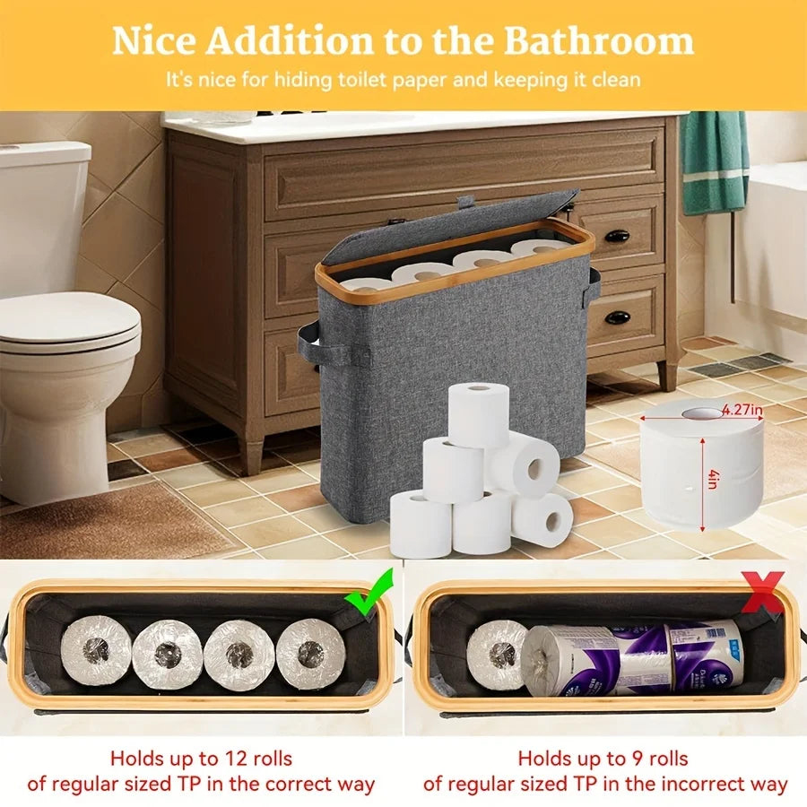 Bamboo toilet paper holder with lid - Self-contained bathroom organizer