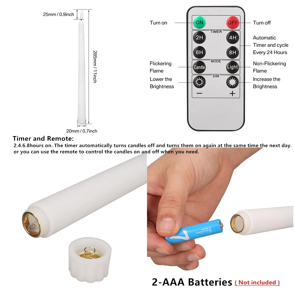 LED Flameless Taper Candles Flickering with 10-Key Remote