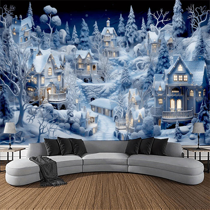 VIKAMA Christmas Tapestry Snowy Christmas Village Scene Living Room