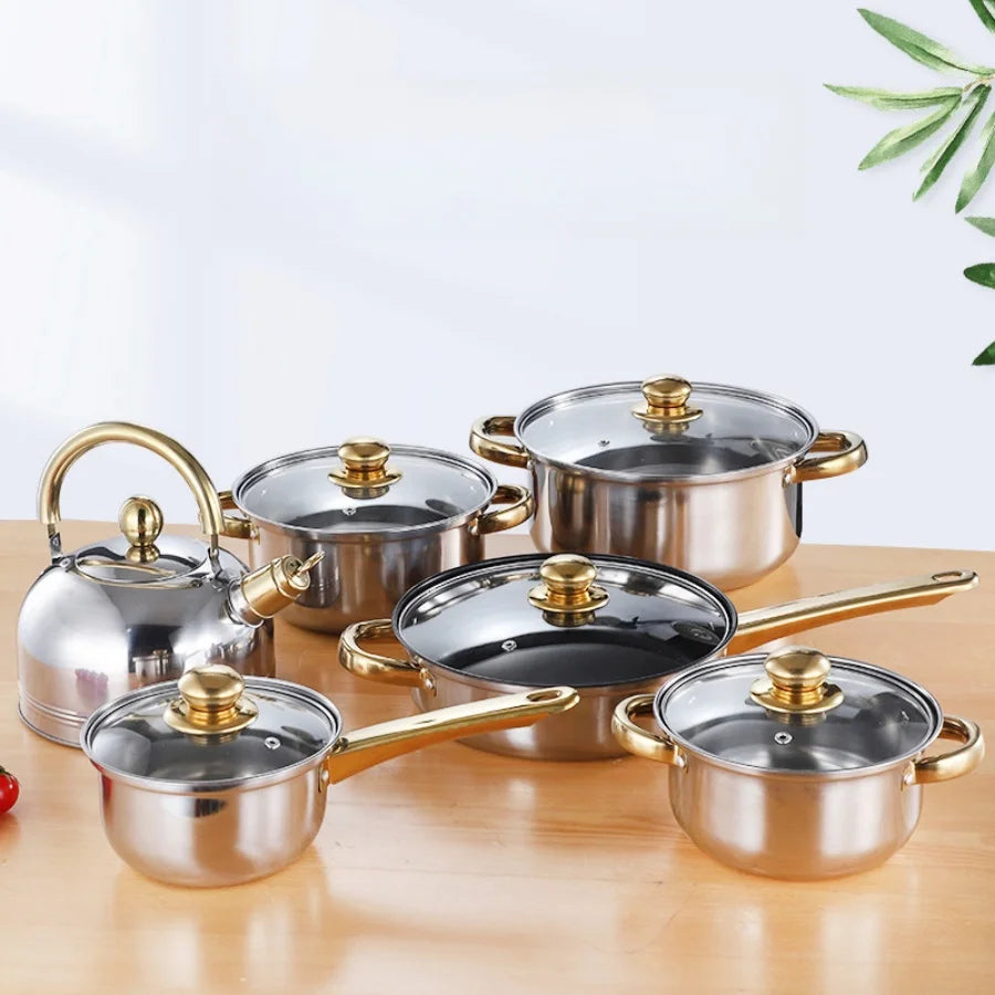 Thickened stainless steel cookware set, twelve piece set