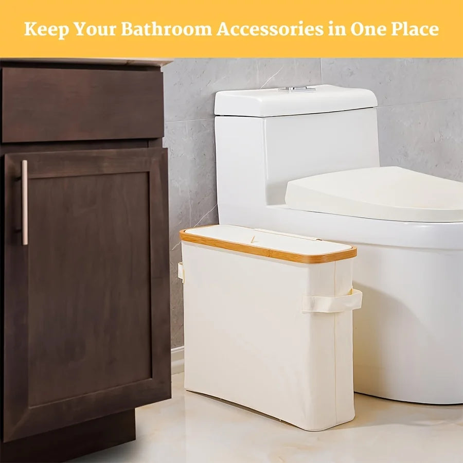 Bamboo toilet paper holder with lid - Self-contained bathroom organizer