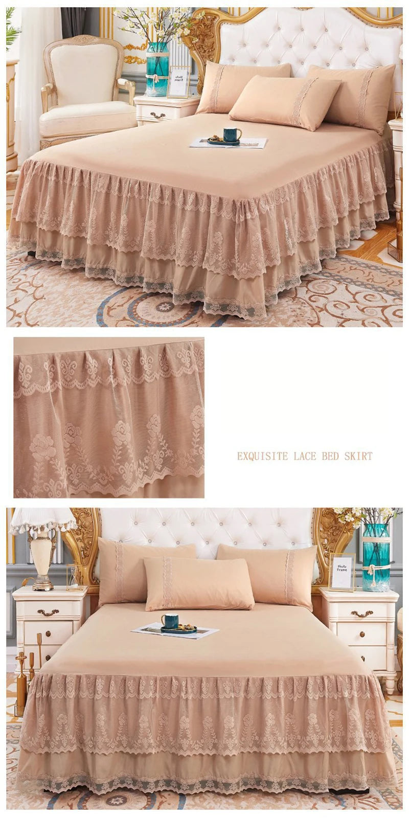 New 3 Layers Bed Skirt Lace Ruffled Bed Skirt Couvre Lit Bedroom Bed Cover