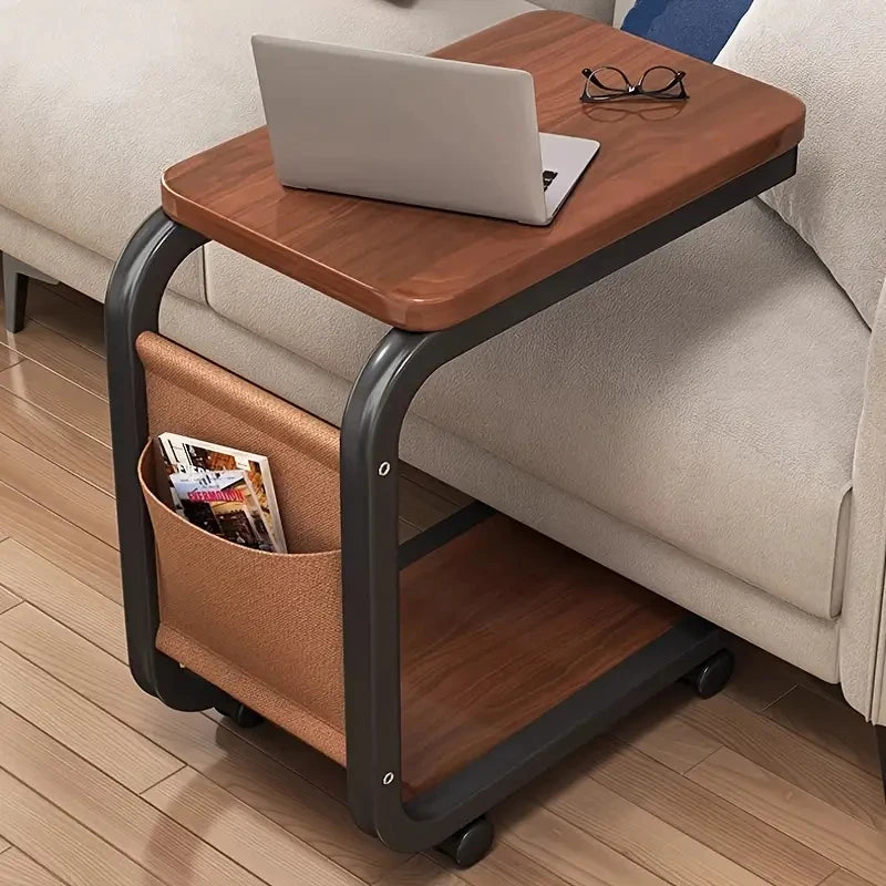 Coffee Table With 360° Wheels C-Shape End Table Sofa Side