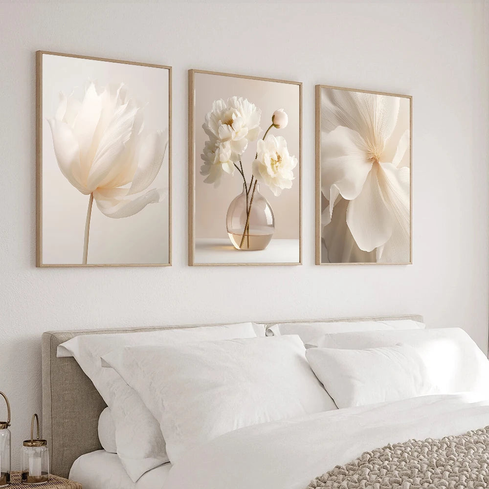 1PC/3PCS Frameless Nordic Beige Peony Flowers Canvas Painting