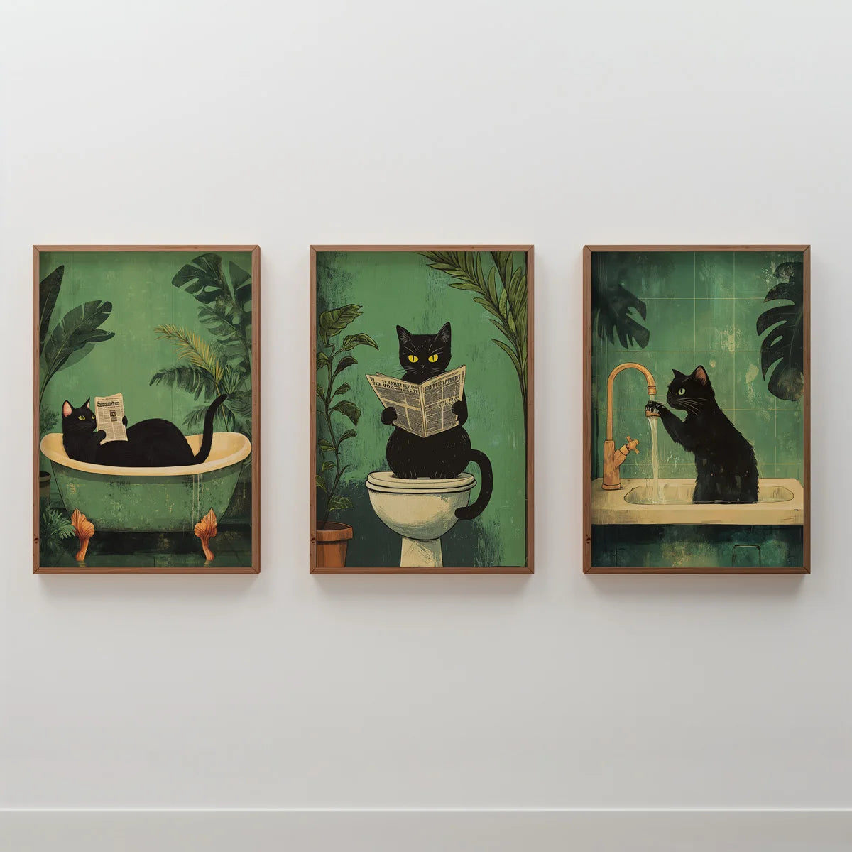 Set of 3 Funny Bathroom Black Cat Wall Art Canvas Print