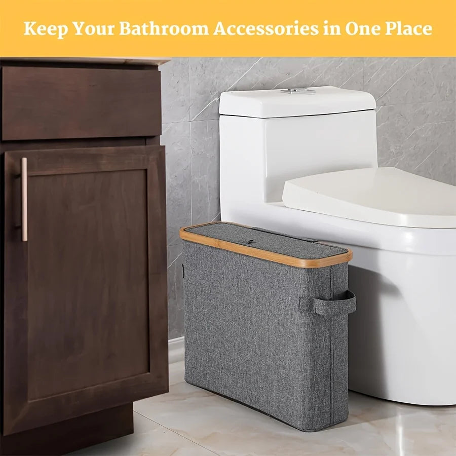 Bamboo toilet paper holder with lid - Self-contained bathroom organizer