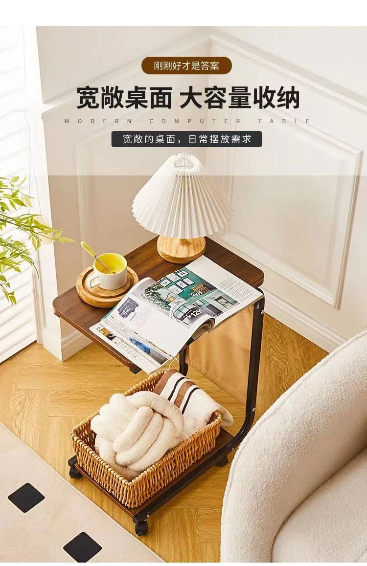 Coffee Table With 360° Wheels C-Shape End Table Sofa Side