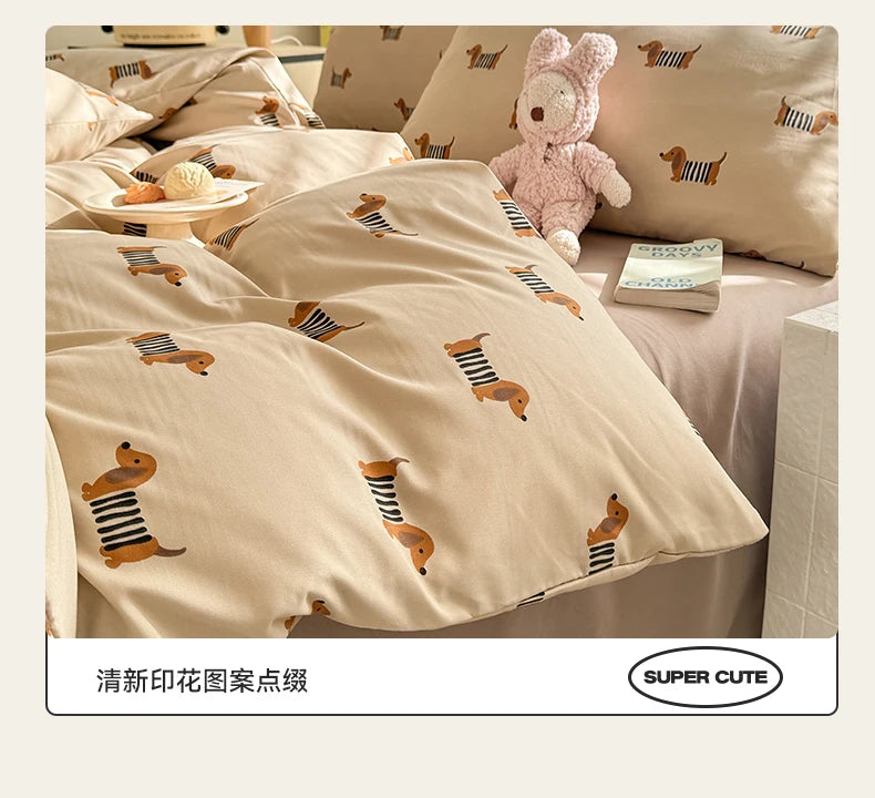 Cute Dog Printed Duvet Covet Set Brown Color Comforter Cover with Pillowcase