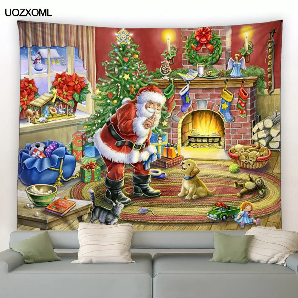 Christmas Tapestry Santa Clause Gifts Winter Castle Snow Landscape Oil