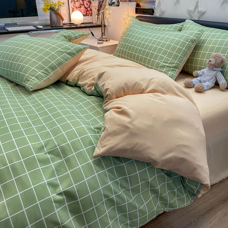 Nordic Plaid Pattern Wash Cotton Bedding Set Duvet Cover Pillowcase