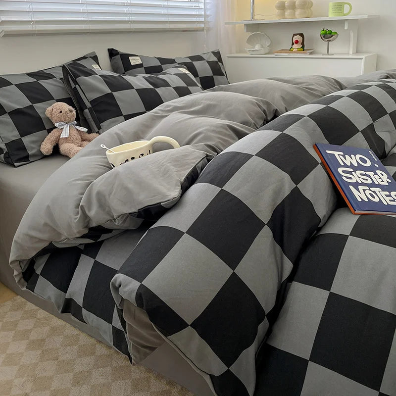 Nordic Plaid Pattern Wash Cotton Bedding Set Duvet Cover Pillowcase