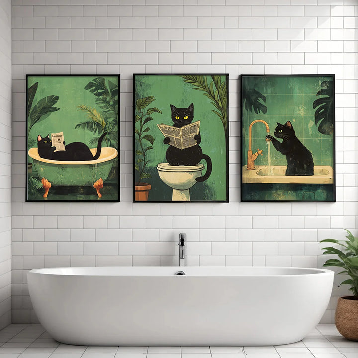 Set of 3 Funny Bathroom Black Cat Wall Art Canvas Print