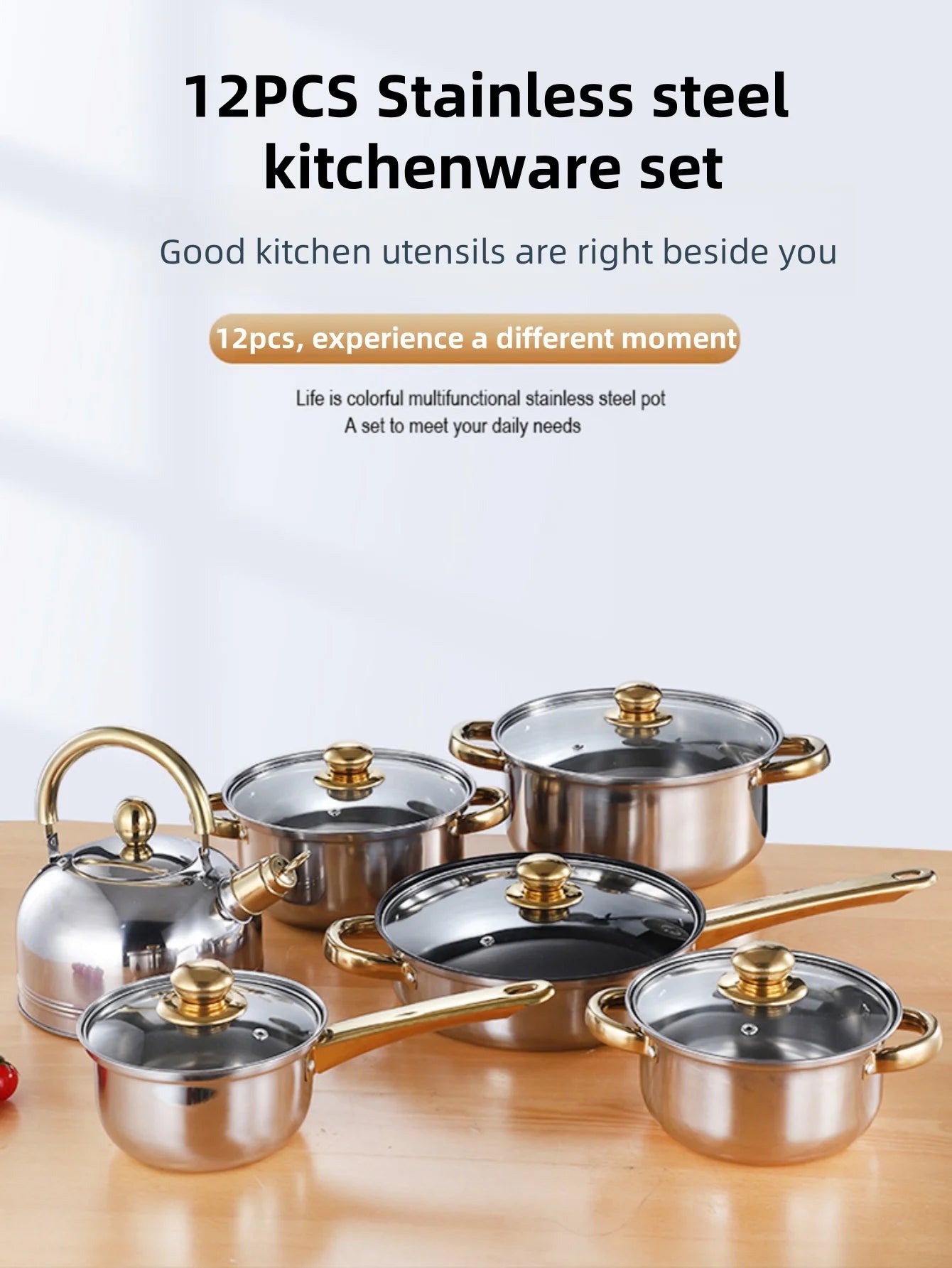Thickened stainless steel cookware set, twelve piece set