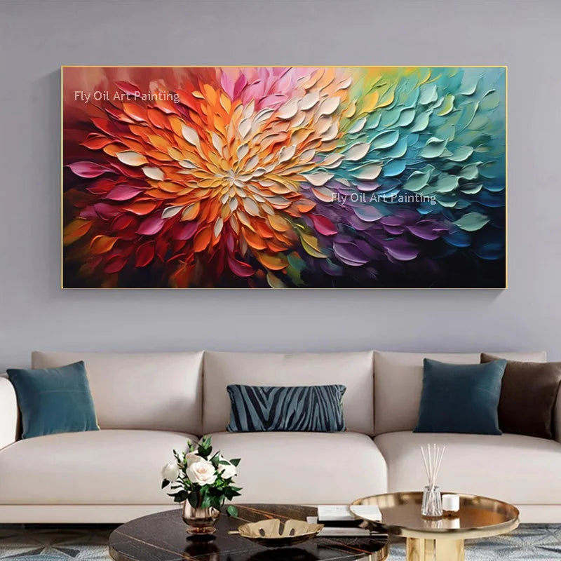 Hand Drawn Colorful Knife Thick Flowers Canvas Oil Painting