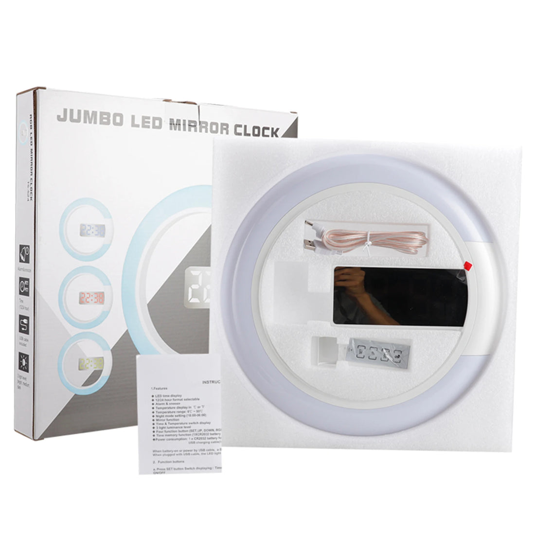 LED Mirror Hollow Wall Clock with Remote Control Round Digital Alarm Clock