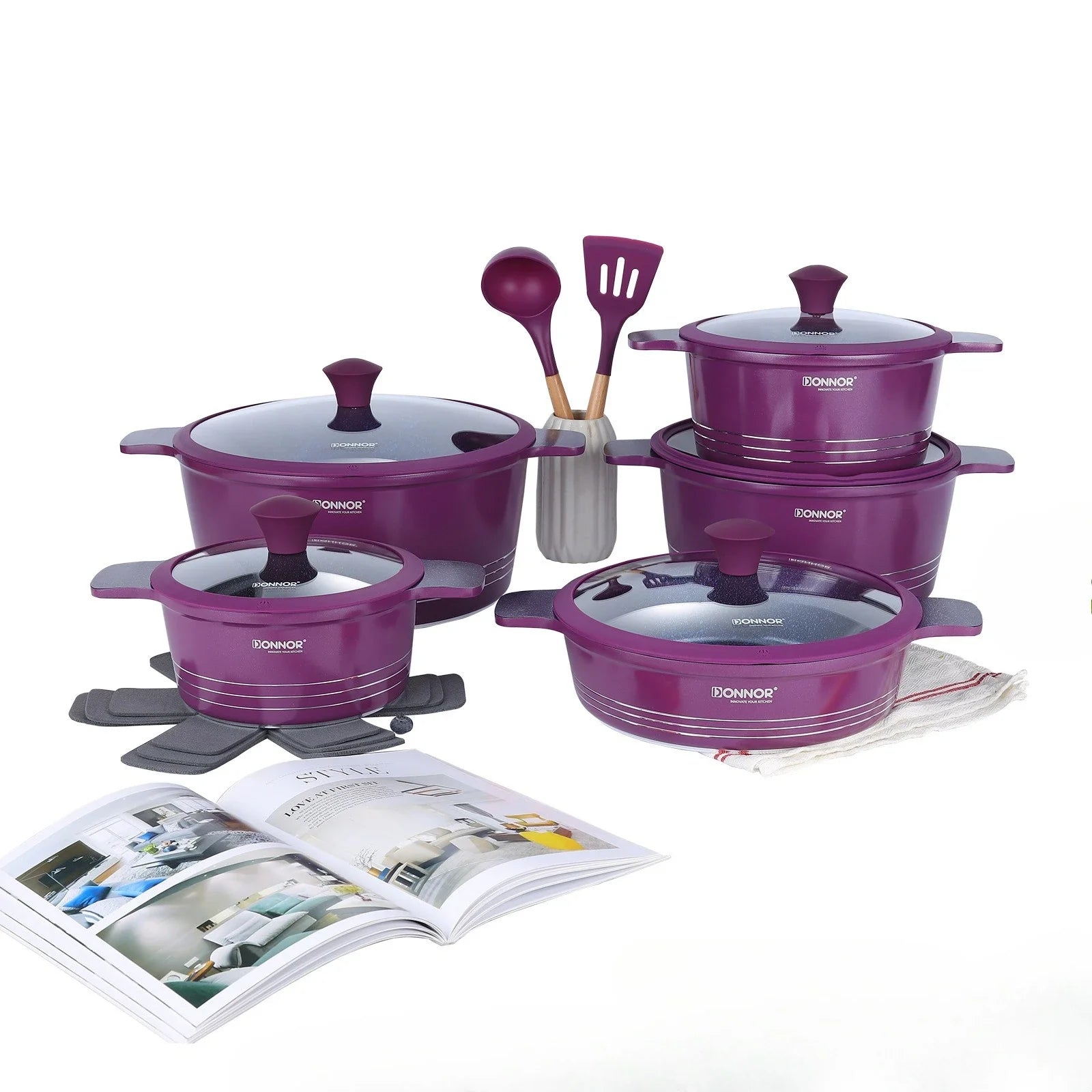 DONNOR 15pcs/set Non Stick Pan Aluminum+Ceramic Cookware