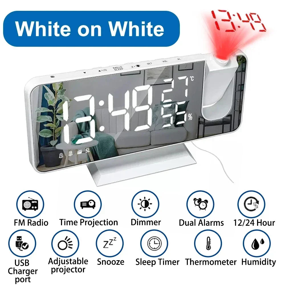 LED Digital Projection Alarm Clock Mirrow Radio USB Temperature