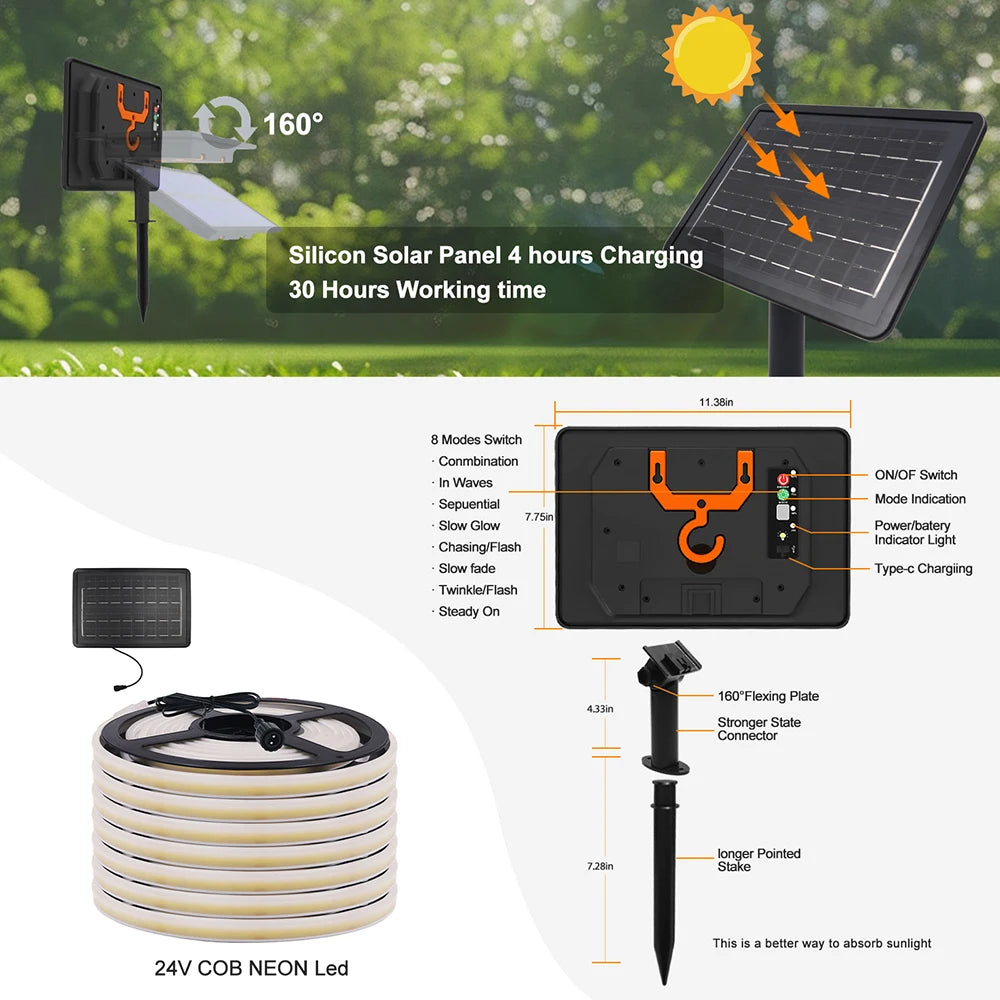 24V LED Neon Light Strip Solar Waterproof 8 Modes 320LEDs/m