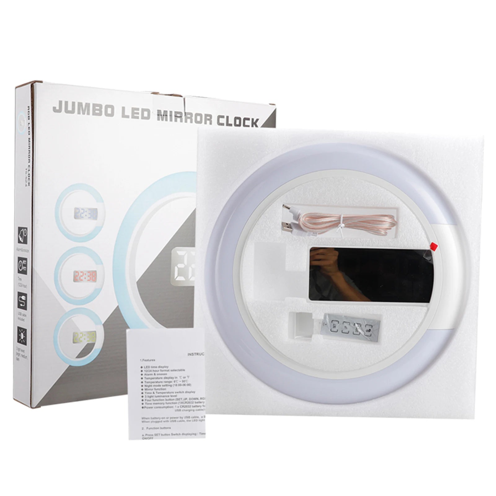 LED Mirror Hollow Wall Clock with Remote Control Round Digital Alarm Clock